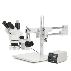 AmScope SM-4 Series Zoom Trinocular Stereo Microscope with Heavy Duty 80 LED Ring Light and Optional Digital Camera on Double Arm Boom Stand