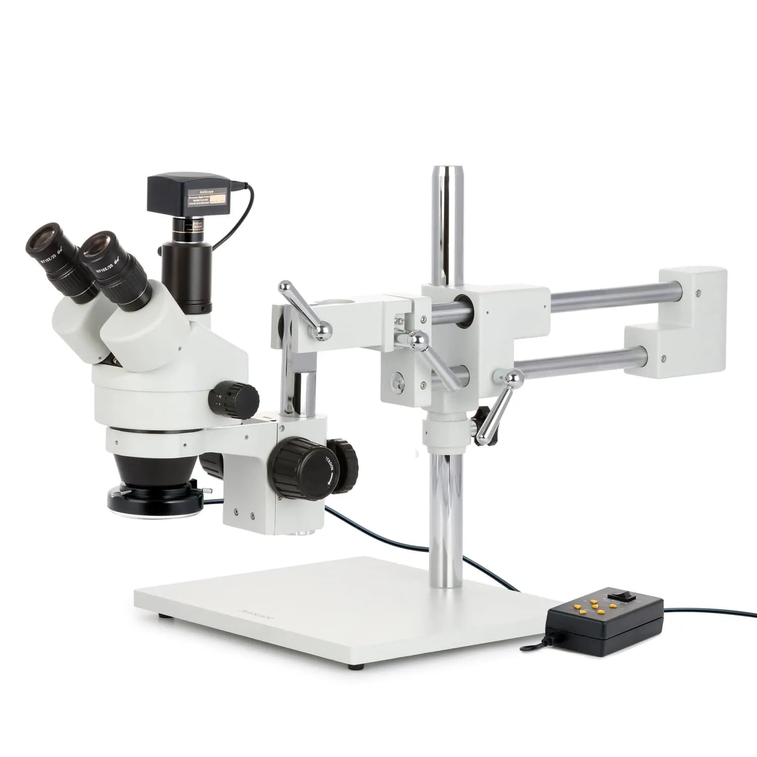 AmScope SM-4 Series Zoom Trinocular Stereo Microscope with Multi-Zone 144 LED and Optional Digital Camera on Double Arm Boom Stand