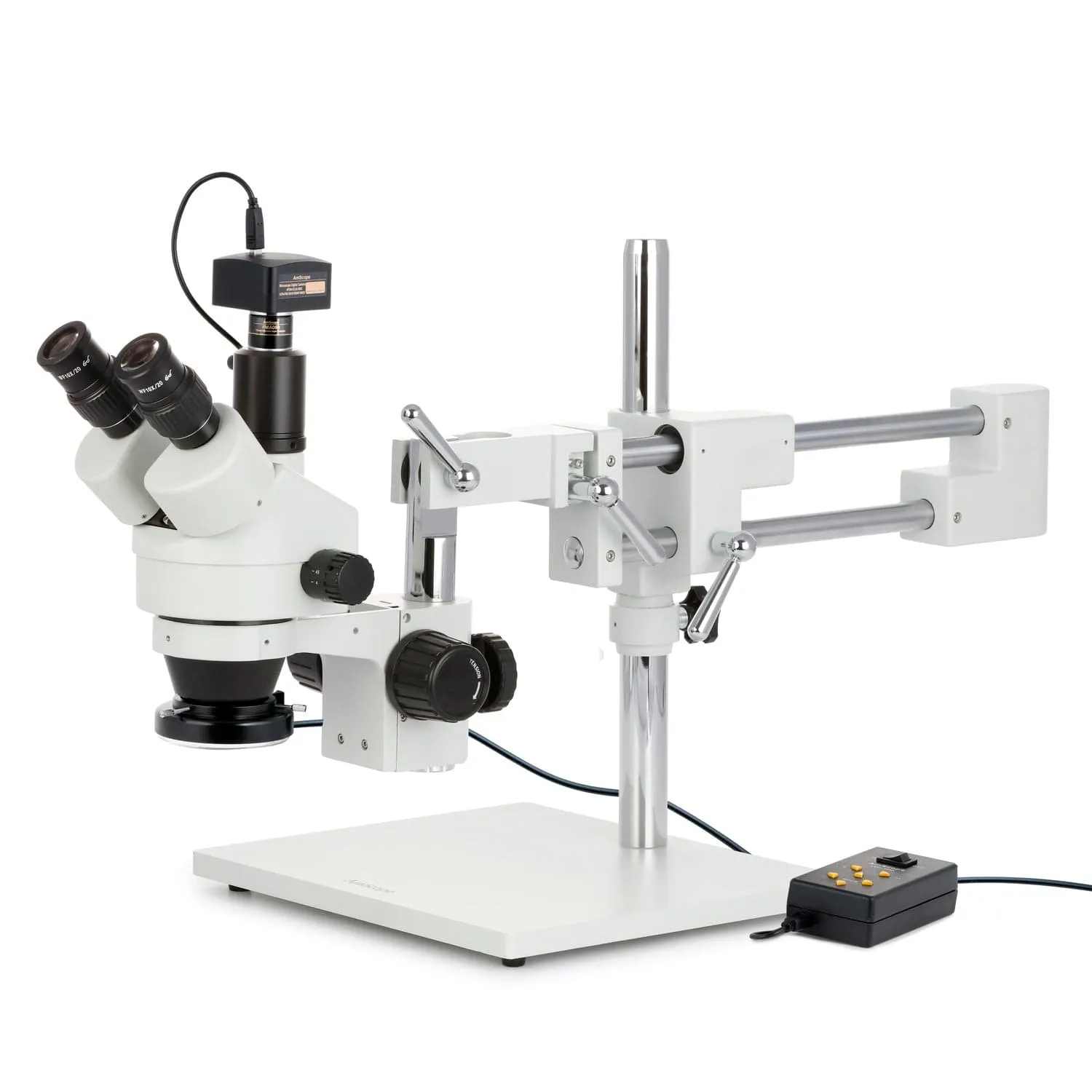AmScope SM-4 Series Zoom Trinocular Stereo Microscope with Multi-Zone 144 LED and Optional Digital Camera on Double Arm Boom Stand