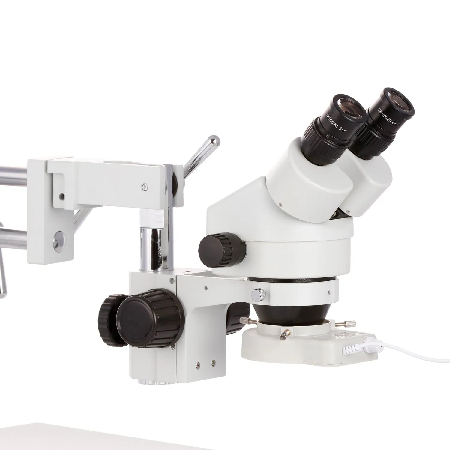 AmScope SM-4B Series Binocular Zoom Stereo Microscope 3.5X-45X on Double Arm Boom Stand with 70-LED Ring Light