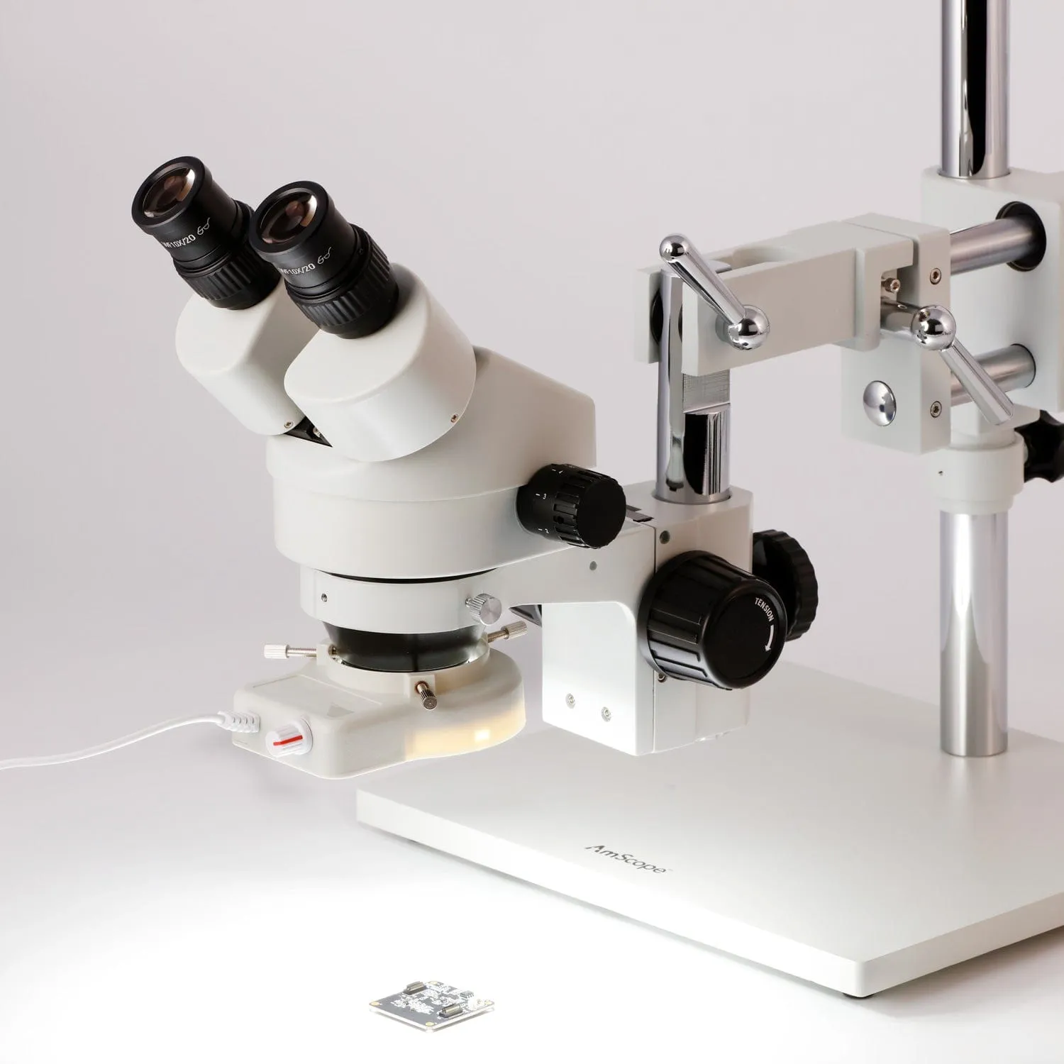 AmScope SM-4B Series Binocular Zoom Stereo Microscope 3.5X-45X on Double Arm Boom Stand with 70-LED Ring Light