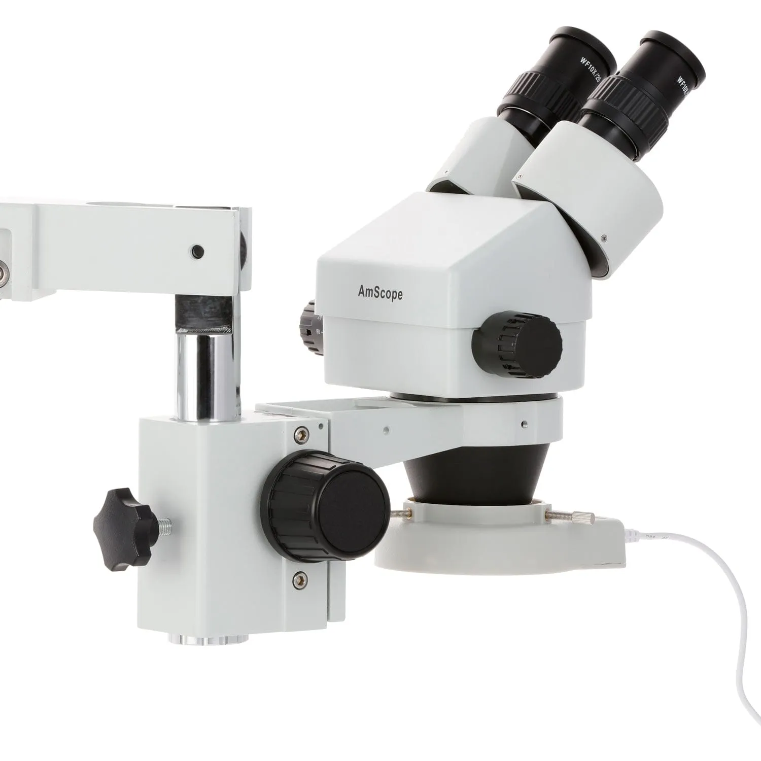 AmScope SM-4B Series Binocular Zoom Stereo Microscope 3.5X-45X on Double Arm Boom Stand with 70-LED Ring Light
