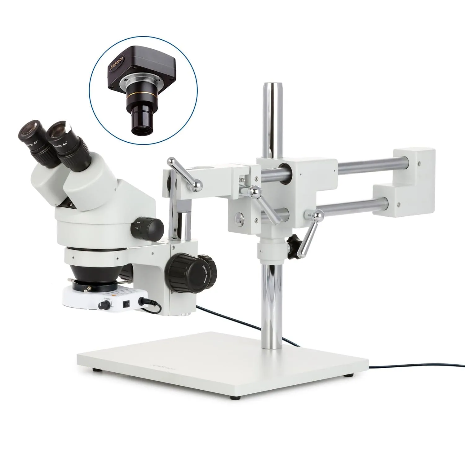 AmScope SM-4B Series Binocular Zoom Stereo Microscope w/80 LED Compact Ring Light and Optional Digital Camera on Double Arm Boom Stand