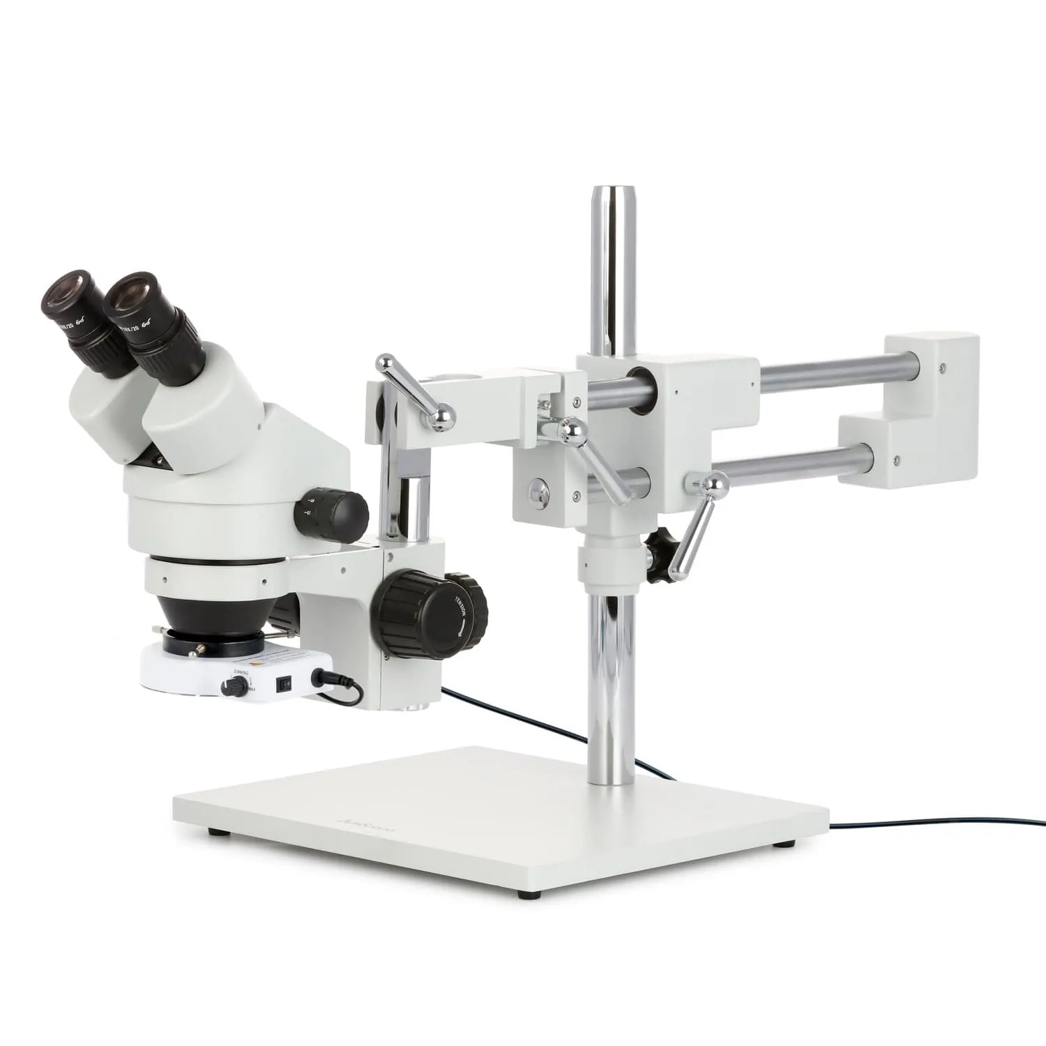 AmScope SM-4B Series Binocular Zoom Stereo Microscope w/80 LED Compact Ring Light and Optional Digital Camera on Double Arm Boom Stand