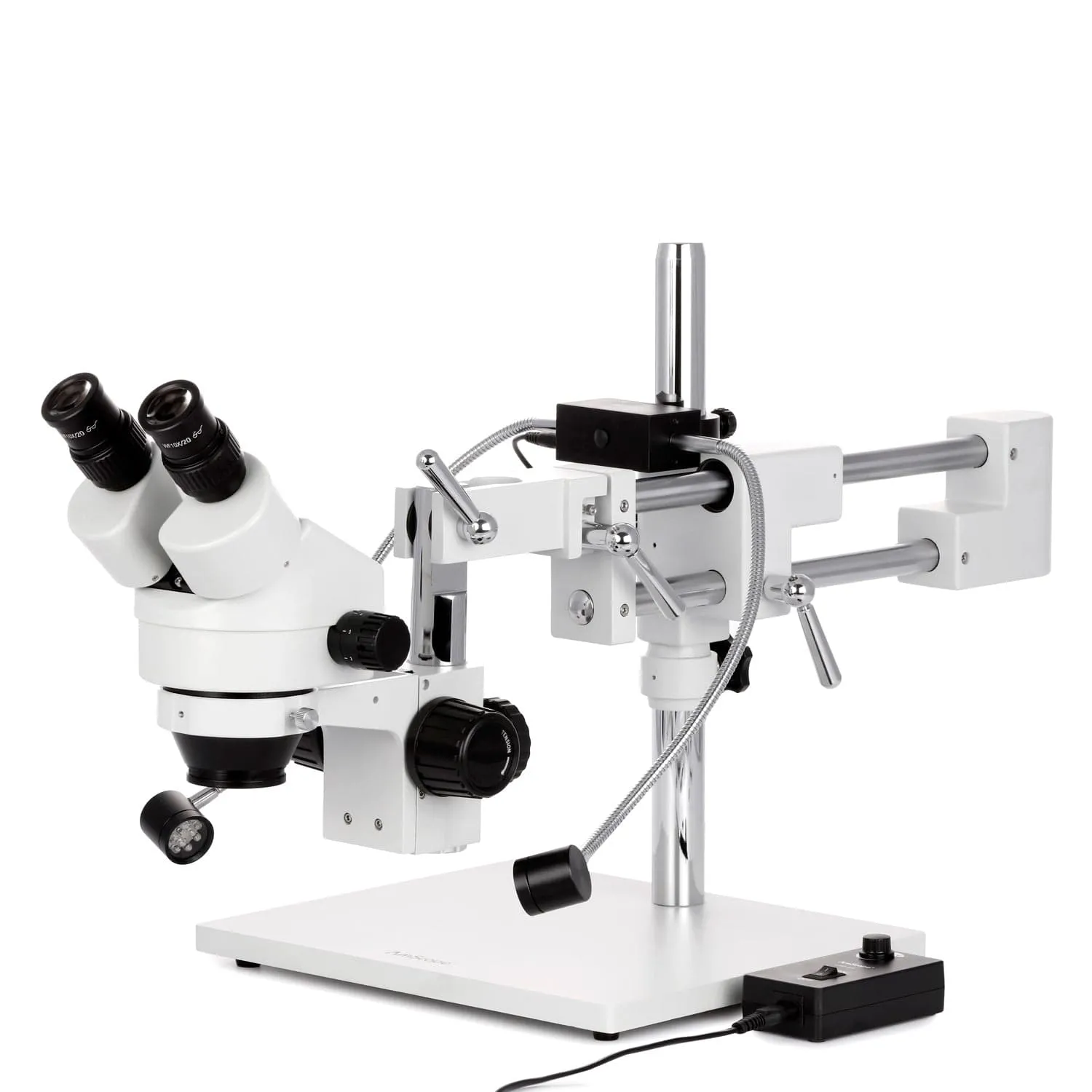 AmScope SM-4B Series Zoom Binocular Stereo Microscope 7X-45X Magnification with 8W LED Dual Gooseneck Illuminator and Optional Digital Camera on Double Arm Boom Stand