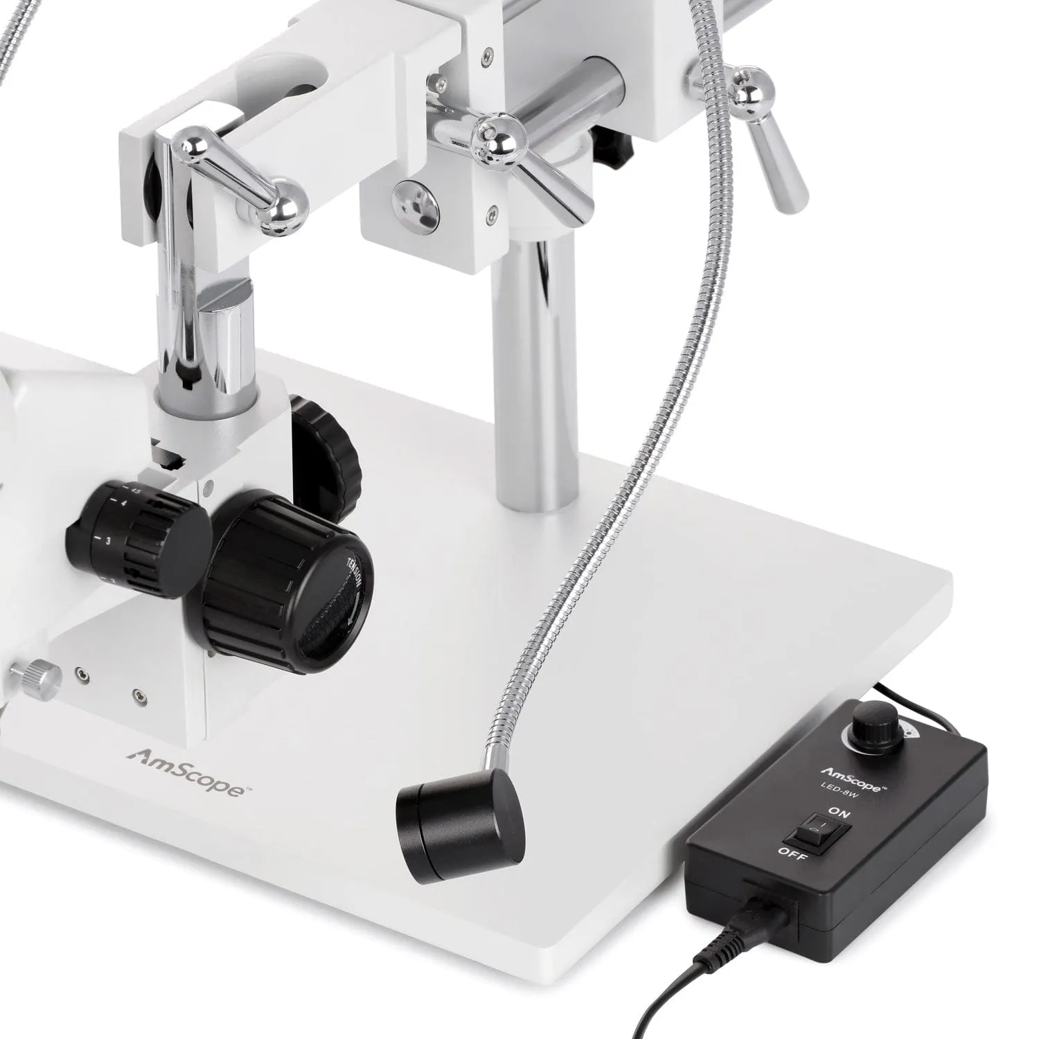 AmScope SM-4B Series Zoom Binocular Stereo Microscope 7X-45X Magnification with 8W LED Dual Gooseneck Illuminator and Optional Digital Camera on Double Arm Boom Stand