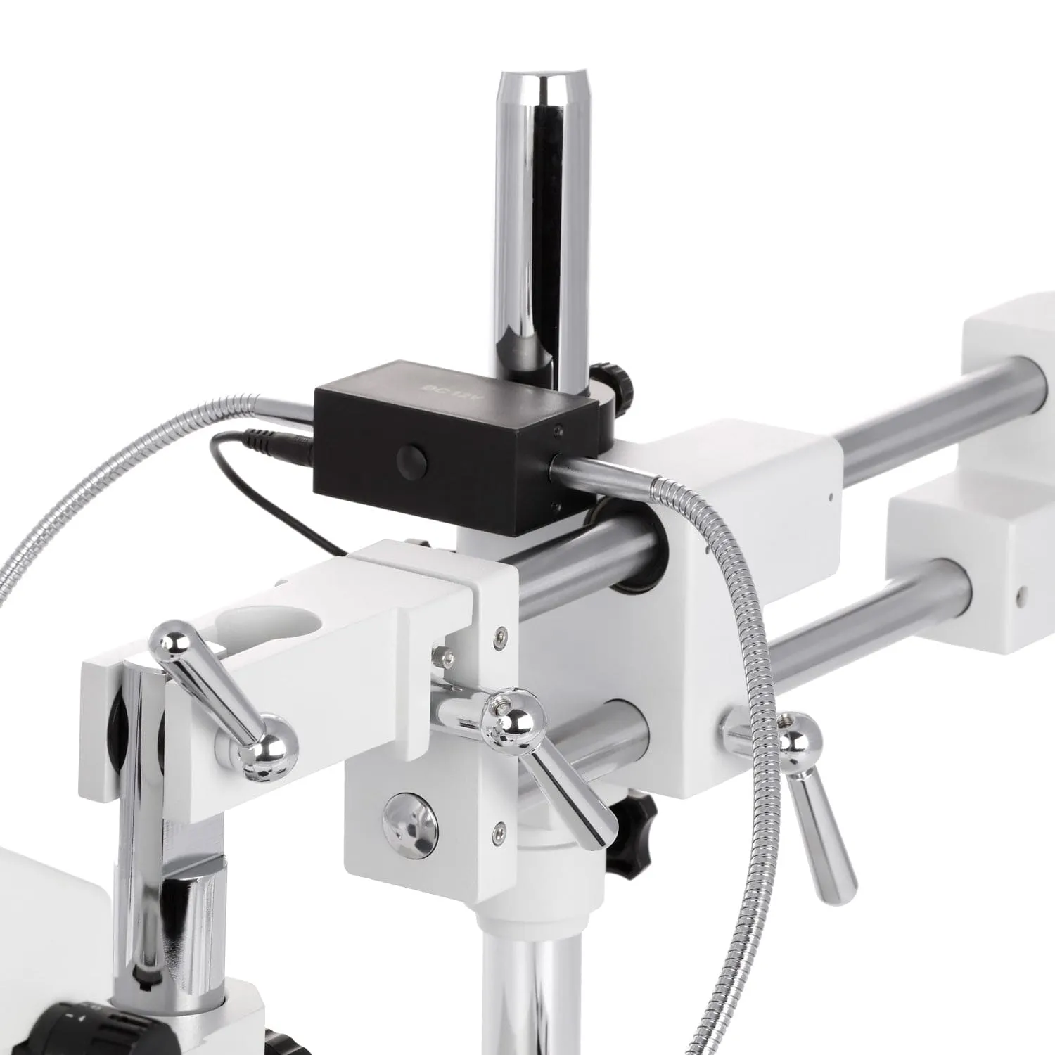 AmScope SM-4B Series Zoom Binocular Stereo Microscope 7X-45X Magnification with 8W LED Dual Gooseneck Illuminator and Optional Digital Camera on Double Arm Boom Stand