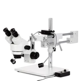 AmScope SM-4B Series Zoom Binocular Stereo Microscope 7X-45X Magnification with 8W LED Dual Gooseneck Illuminator and Optional Digital Camera on Double Arm Boom Stand