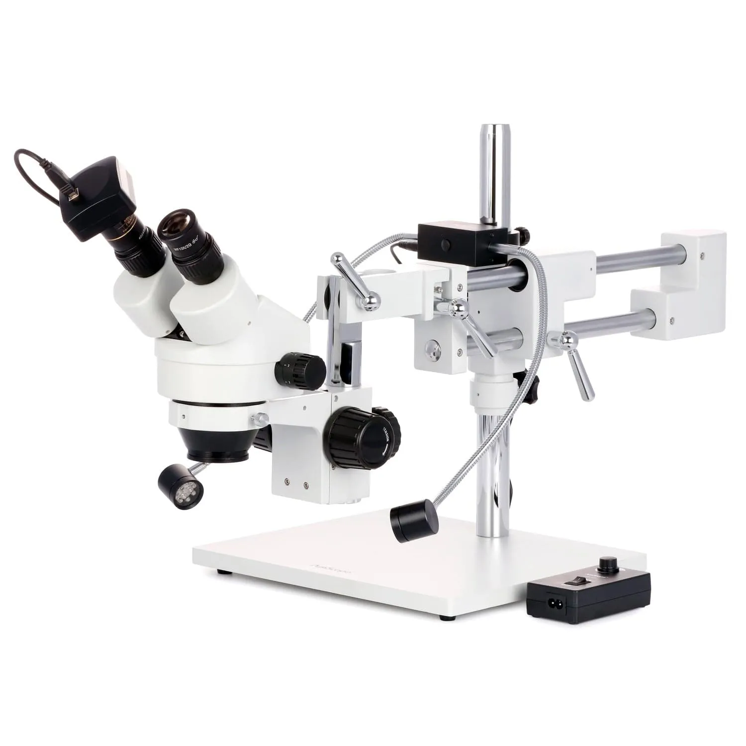 AmScope SM-4B Series Zoom Binocular Stereo Microscope 7X-45X Magnification with 8W LED Dual Gooseneck Illuminator and Optional Digital Camera on Double Arm Boom Stand