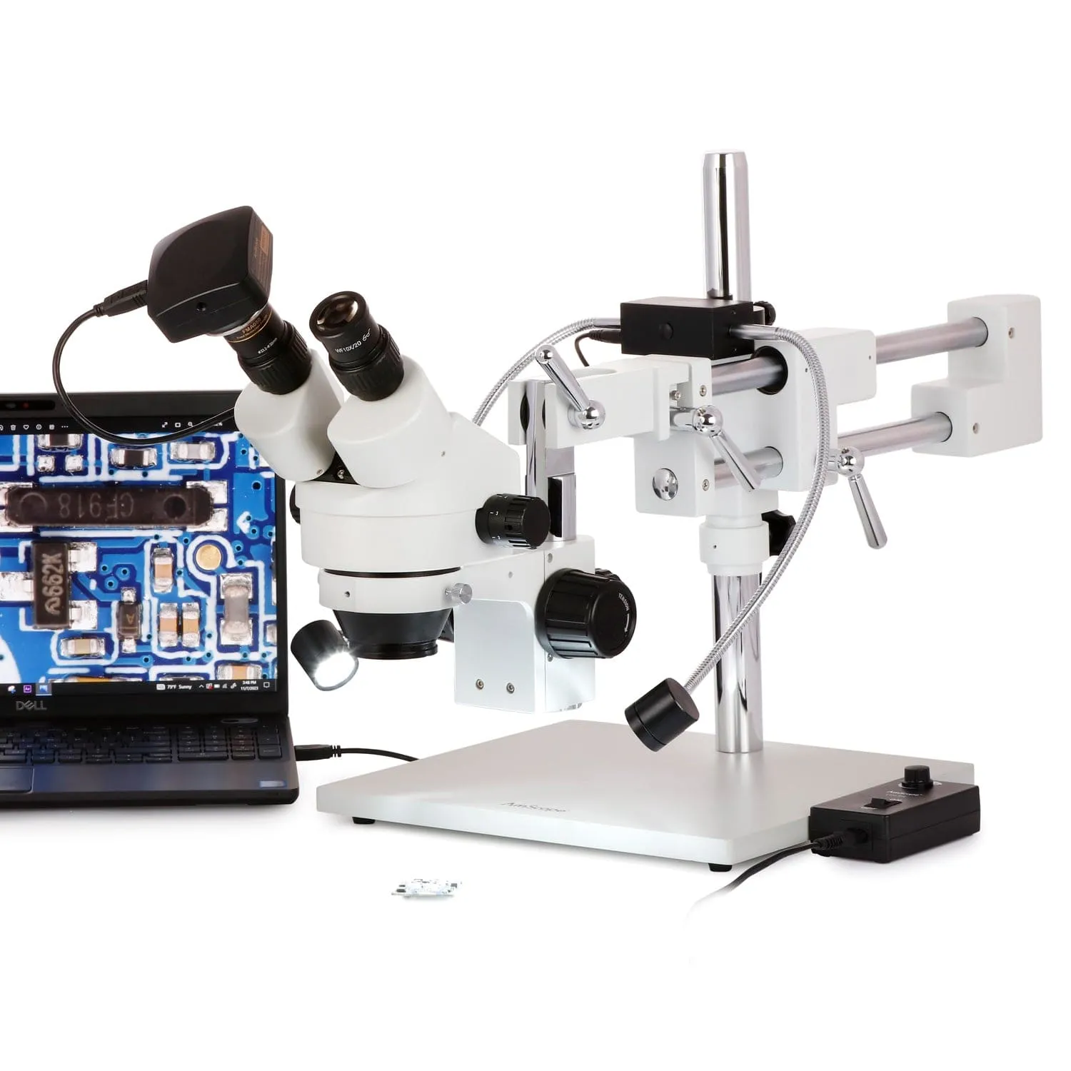 AmScope SM-4B Series Zoom Binocular Stereo Microscope 7X-45X Magnification with 8W LED Dual Gooseneck Illuminator and Optional Digital Camera on Double Arm Boom Stand