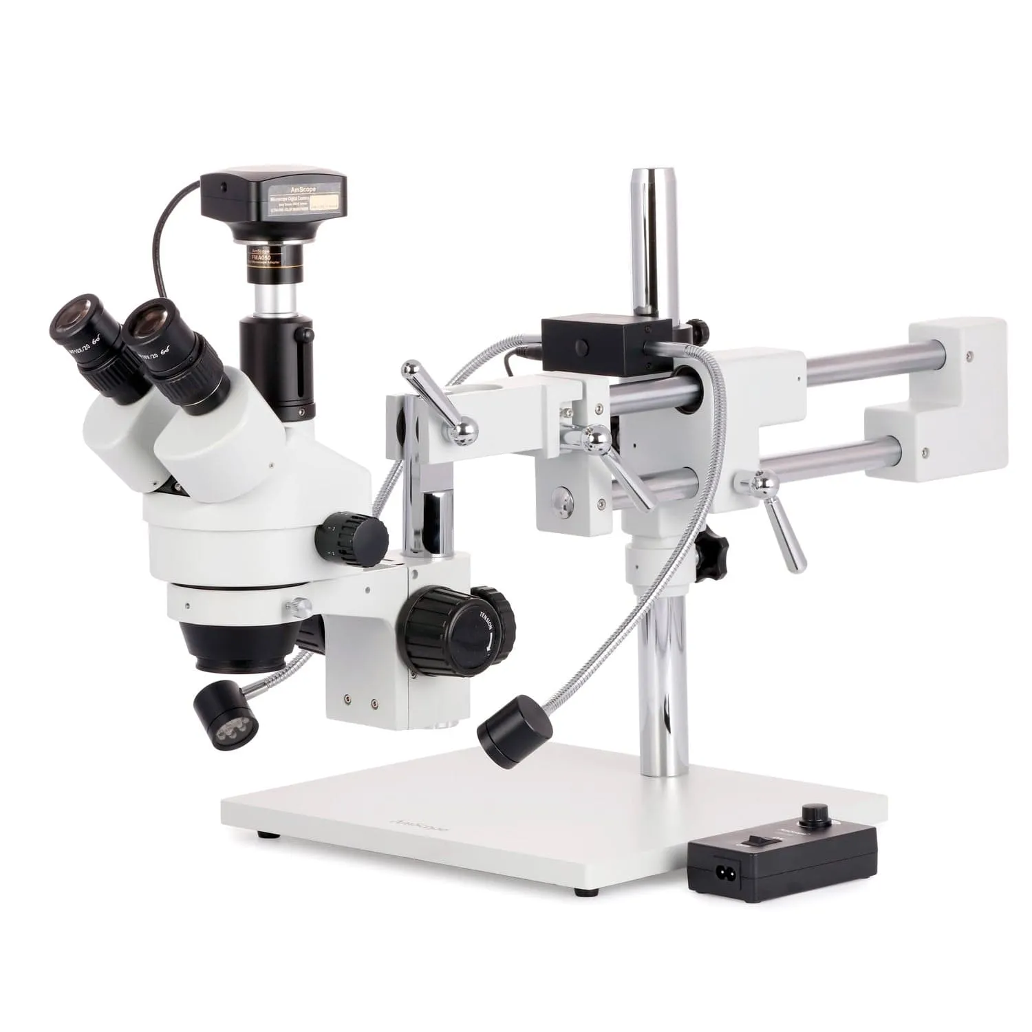 AmScope SM-4T Series Trinocular Simul-Focal Stereo Zoom Microscope 7X-45X with 8W LED Dual Gooseneck Illuminator and Optional Digital Camera on Double Arm Boom Stand