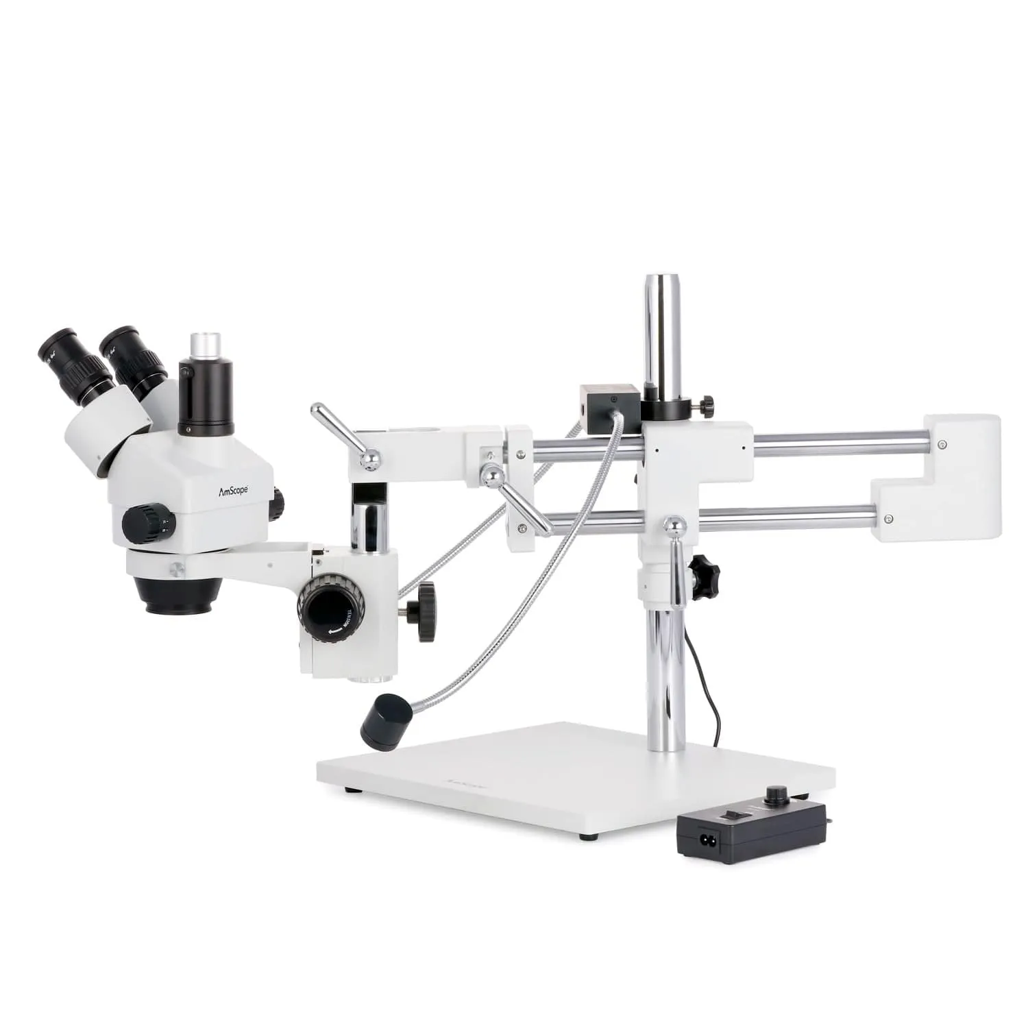 AmScope SM-4T Series Trinocular Simul-Focal Stereo Zoom Microscope 7X-45X with 8W LED Dual Gooseneck Illuminator and Optional Digital Camera on Double Arm Boom Stand