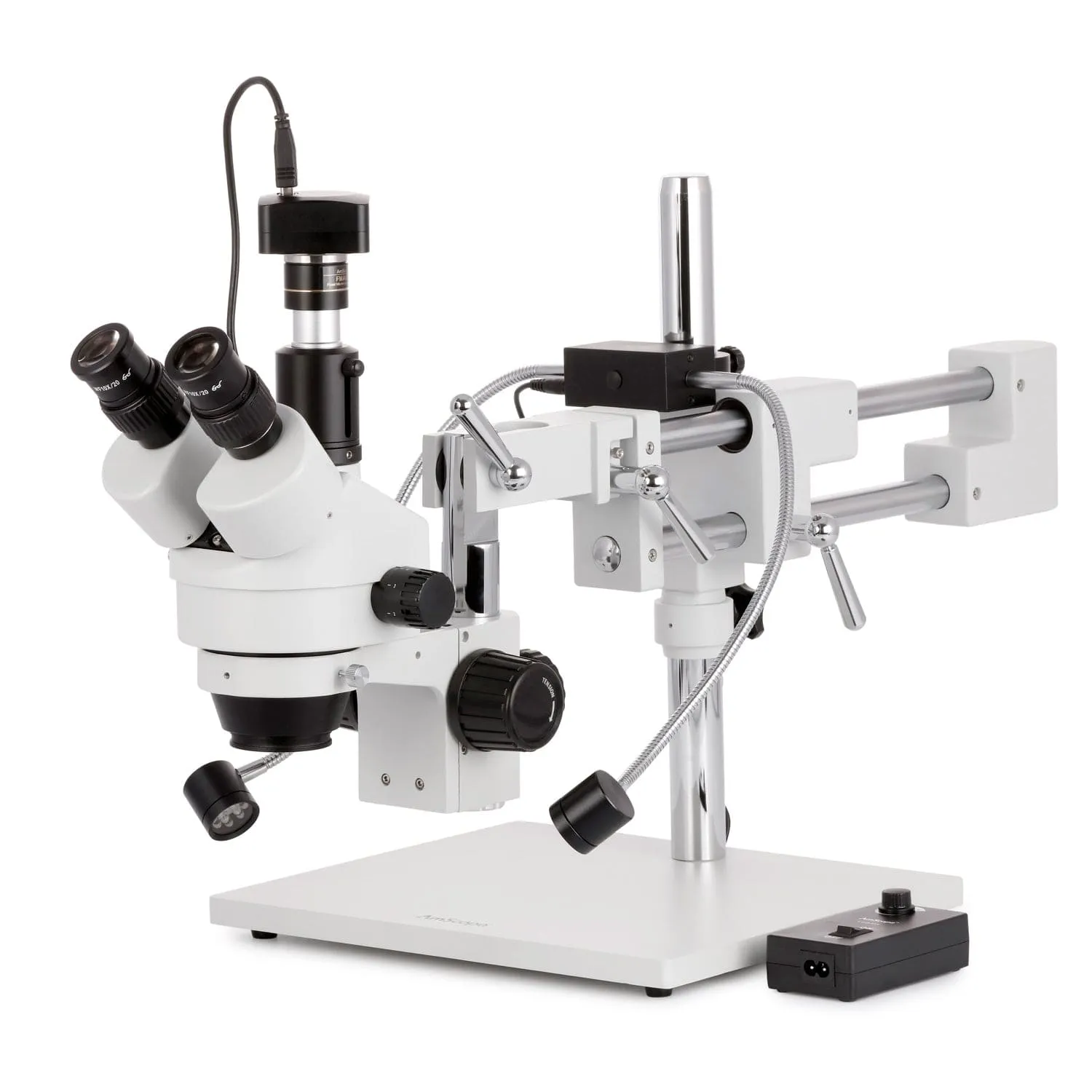 AmScope SM-4T Series Trinocular Simul-Focal Stereo Zoom Microscope 7X-45X with 8W LED Dual Gooseneck Illuminator and Optional Digital Camera on Double Arm Boom Stand