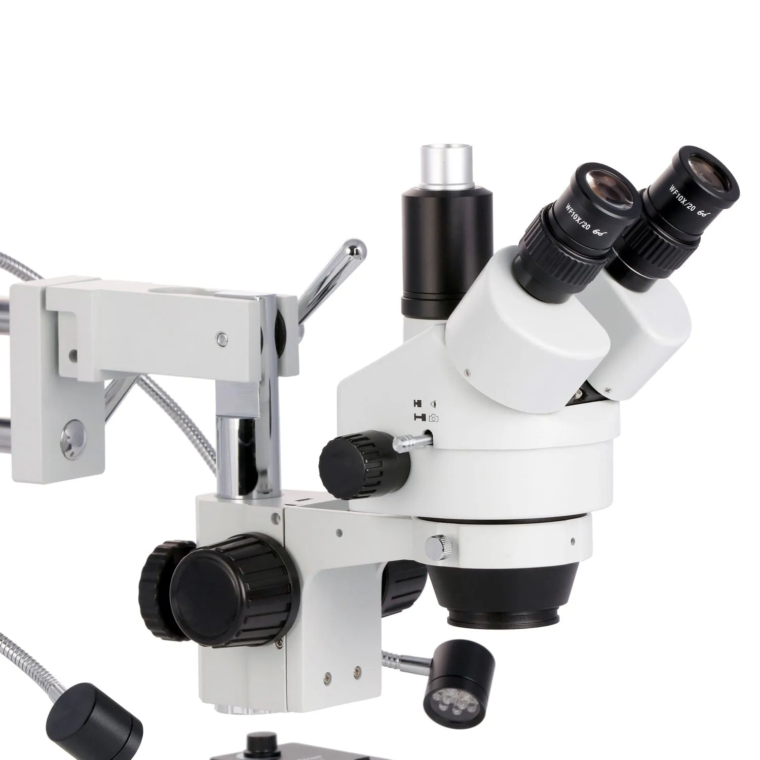 AmScope SM-4T Series Trinocular Zoom Stereo Microscope 7X-45X Magnification with 8W LED Dual Gooseneck Illuminator on Double Arm Boom Stand   Optional Digital Camera