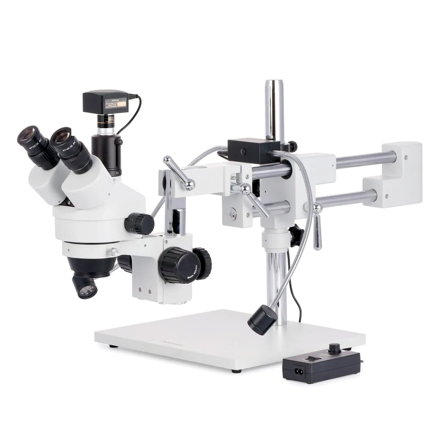 AmScope SM-4T Series Trinocular Zoom Stereo Microscope 7X-45X Magnification with 8W LED Dual Gooseneck Illuminator on Double Arm Boom Stand   Optional Digital Camera