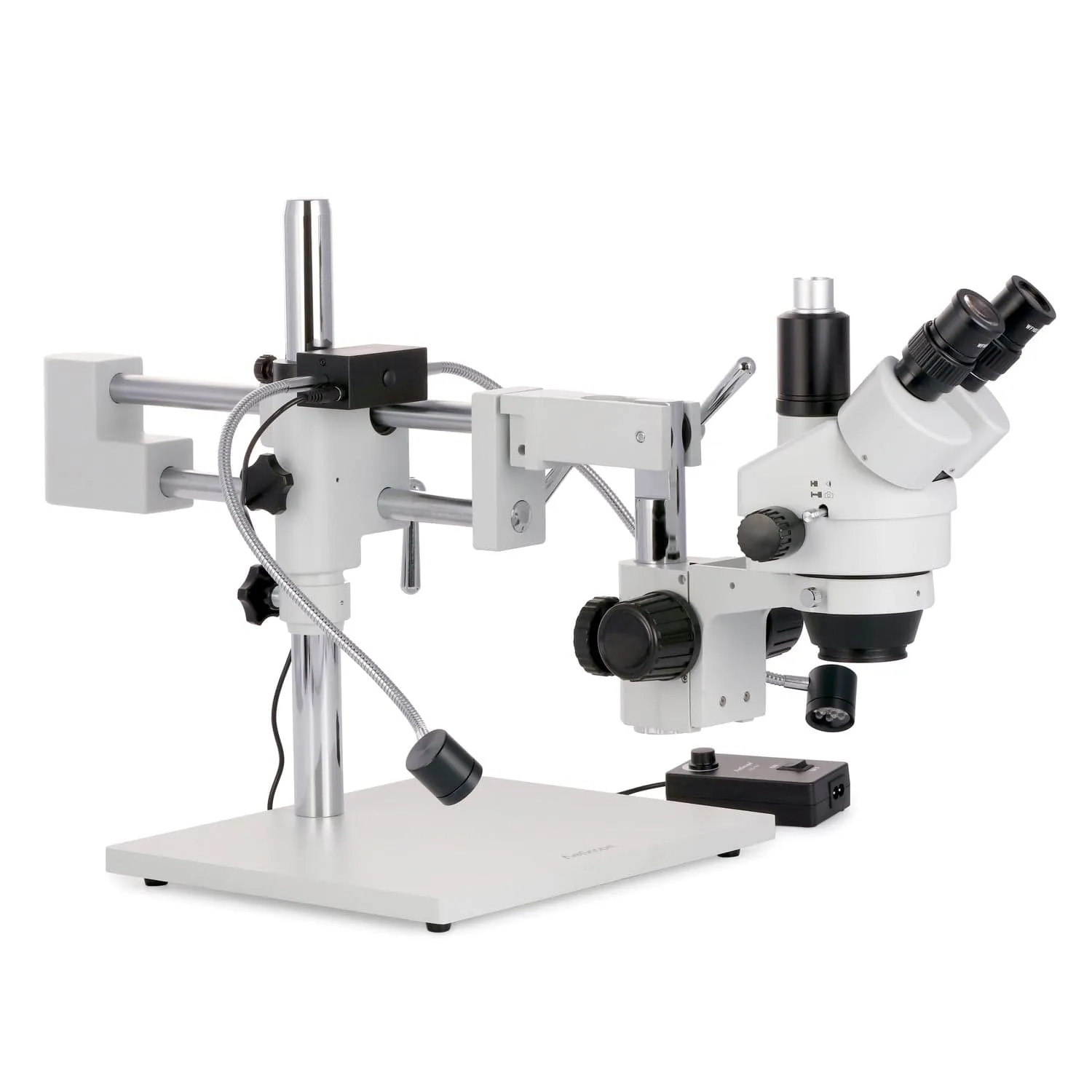 AmScope SM-4T Series Trinocular Zoom Stereo Microscope 7X-45X Magnification with 8W LED Dual Gooseneck Illuminator on Double Arm Boom Stand   Optional Digital Camera