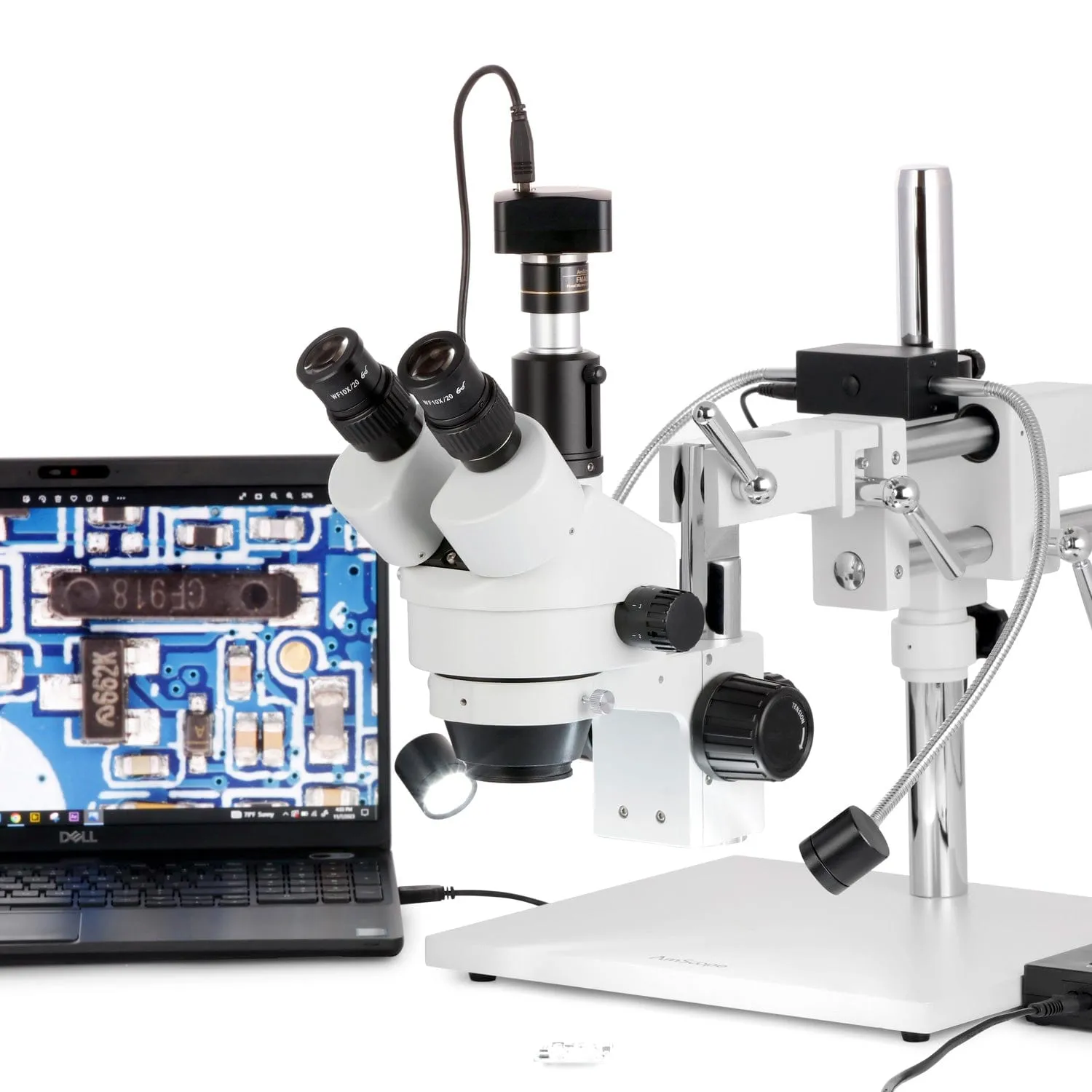AmScope SM-4T Series Trinocular Zoom Stereo Microscope 7X-45X Magnification with 8W LED Dual Gooseneck Illuminator on Double Arm Boom Stand   Optional Digital Camera