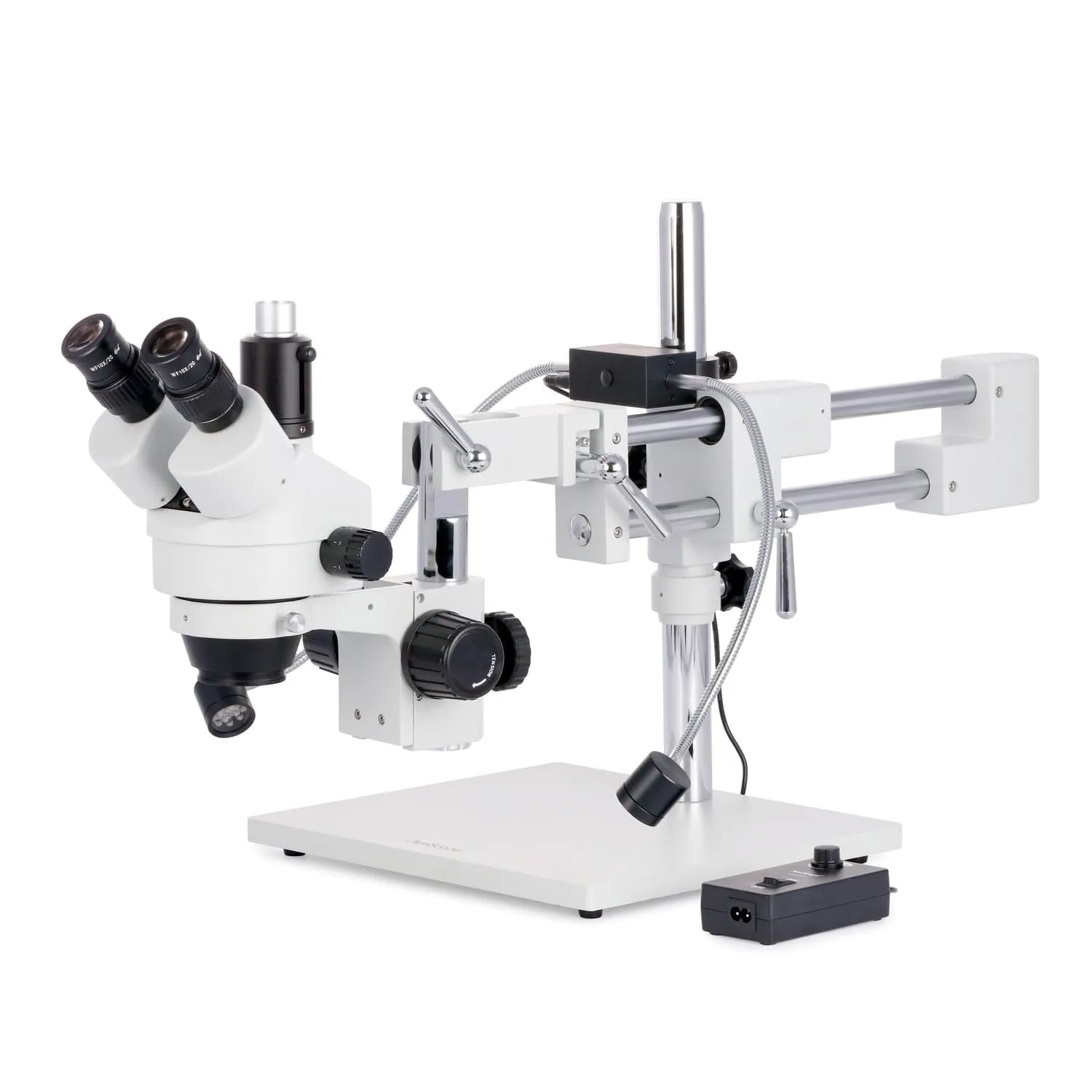 AmScope SM-4T Series Trinocular Zoom Stereo Microscope 7X-45X Magnification with 8W LED Dual Gooseneck Illuminator on Double Arm Boom Stand   Optional Digital Camera
