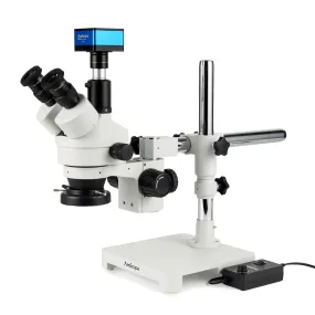 AmScope Zoom Trinocular Stereo Microscope 7X-45X Magnification Range, SM-3 Series on Single Arm Boom Stand   144-LED Ring Light   Optional 4K Camera