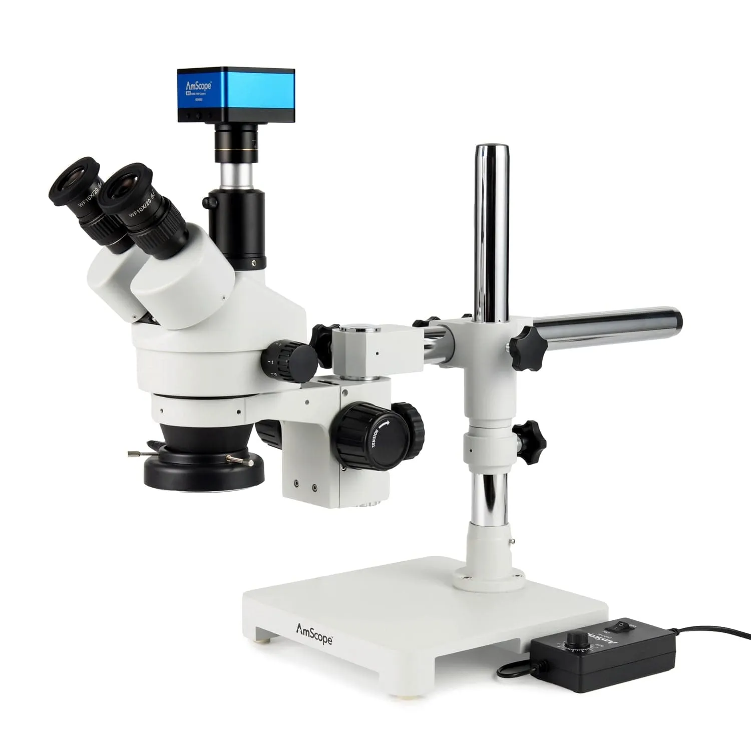 AmScope Zoom Trinocular Stereo Microscope 7X-45X Magnification Range, SM-3 Series on Single Arm Boom Stand   144-LED Ring Light   Optional 4K Camera
