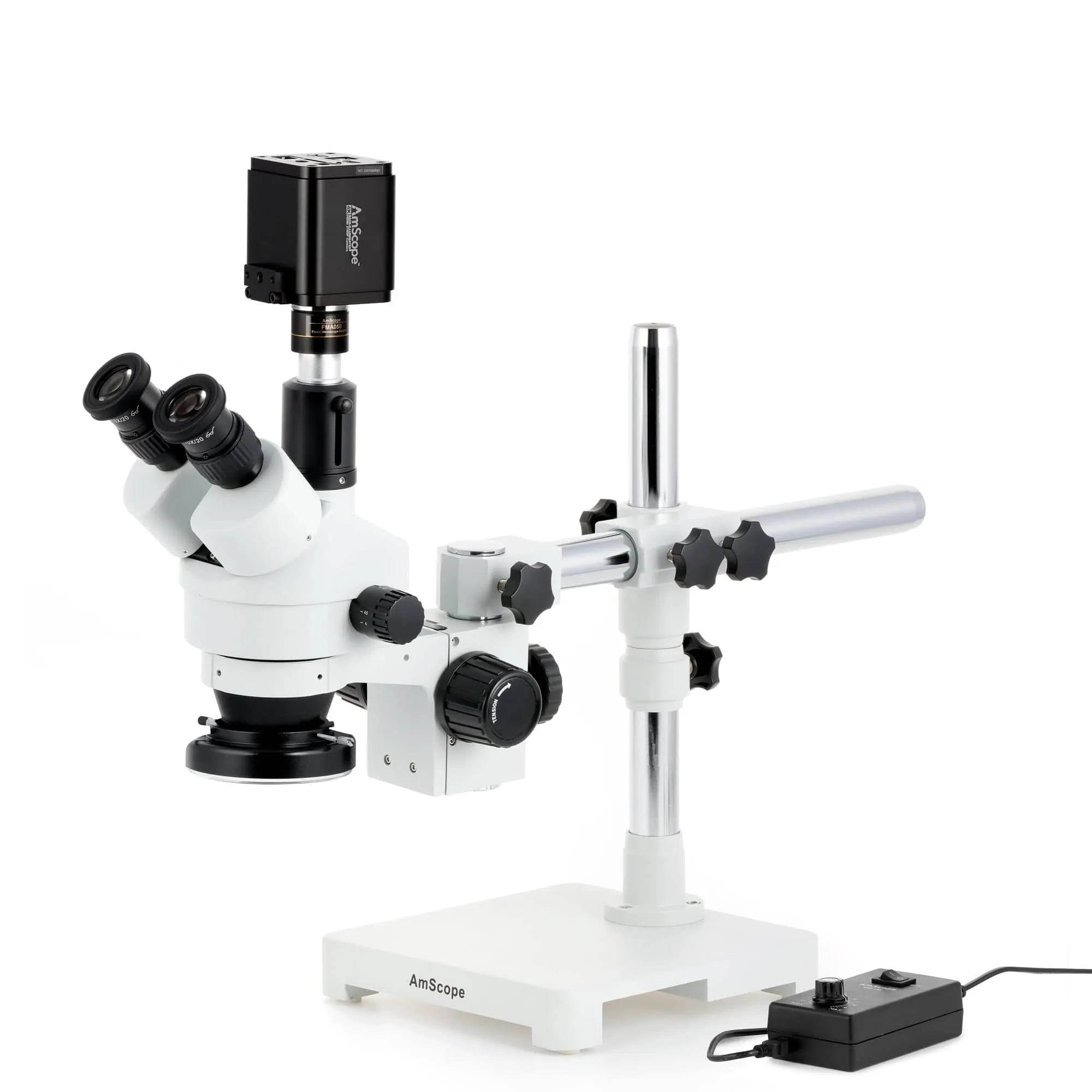 AmScope Zoom Trinocular Stereo Microscope 7X-45X Magnification Range, SM-3 Series on Single Arm Boom Stand   144-LED Ring Light   Optional 4K Camera