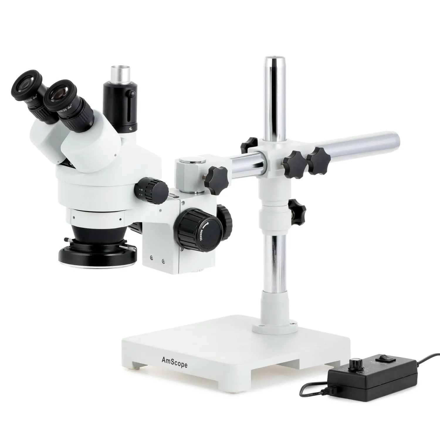 AmScope Zoom Trinocular Stereo Microscope 7X-45X Magnification Range, SM-3 Series on Single Arm Boom Stand   144-LED Ring Light   Optional 4K Camera