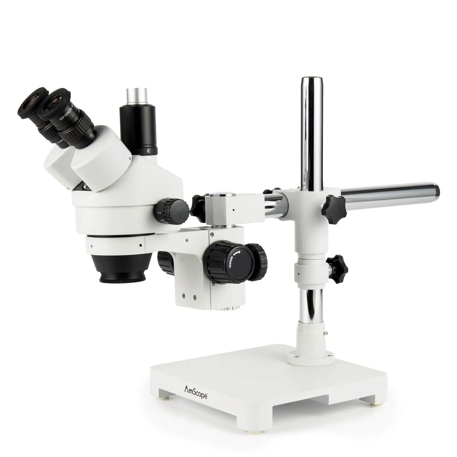 AmScope Zoom Trinocular Stereo Microscope 7X-45X Magnification Range, SM-3 Series on Single Arm Boom Stand   80-LED Ring Light   Optional 4K Camera