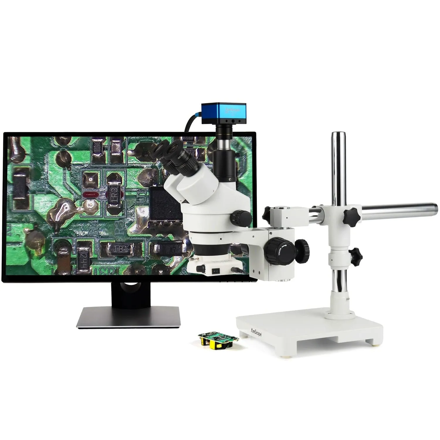 AmScope Zoom Trinocular Stereo Microscope 7X-45X Magnification Range, SM-3 Series on Single Arm Boom Stand   80-LED Ring Light   Optional 4K Camera
