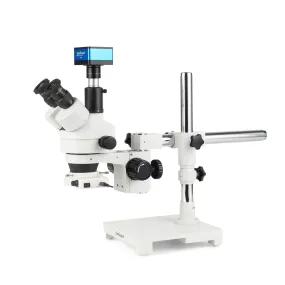 AmScope Zoom Trinocular Stereo Microscope 7X-45X Magnification Range, SM-3 Series on Single Arm Boom Stand   80-LED Ring Light   Optional 4K Camera