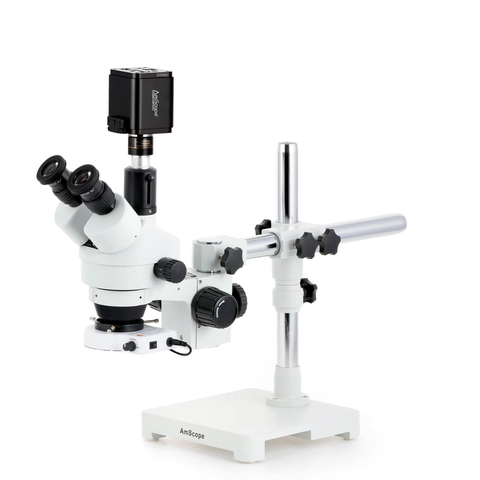 AmScope Zoom Trinocular Stereo Microscope 7X-45X Magnification Range, SM-3 Series on Single Arm Boom Stand   80-LED Ring Light   Optional 4K Camera