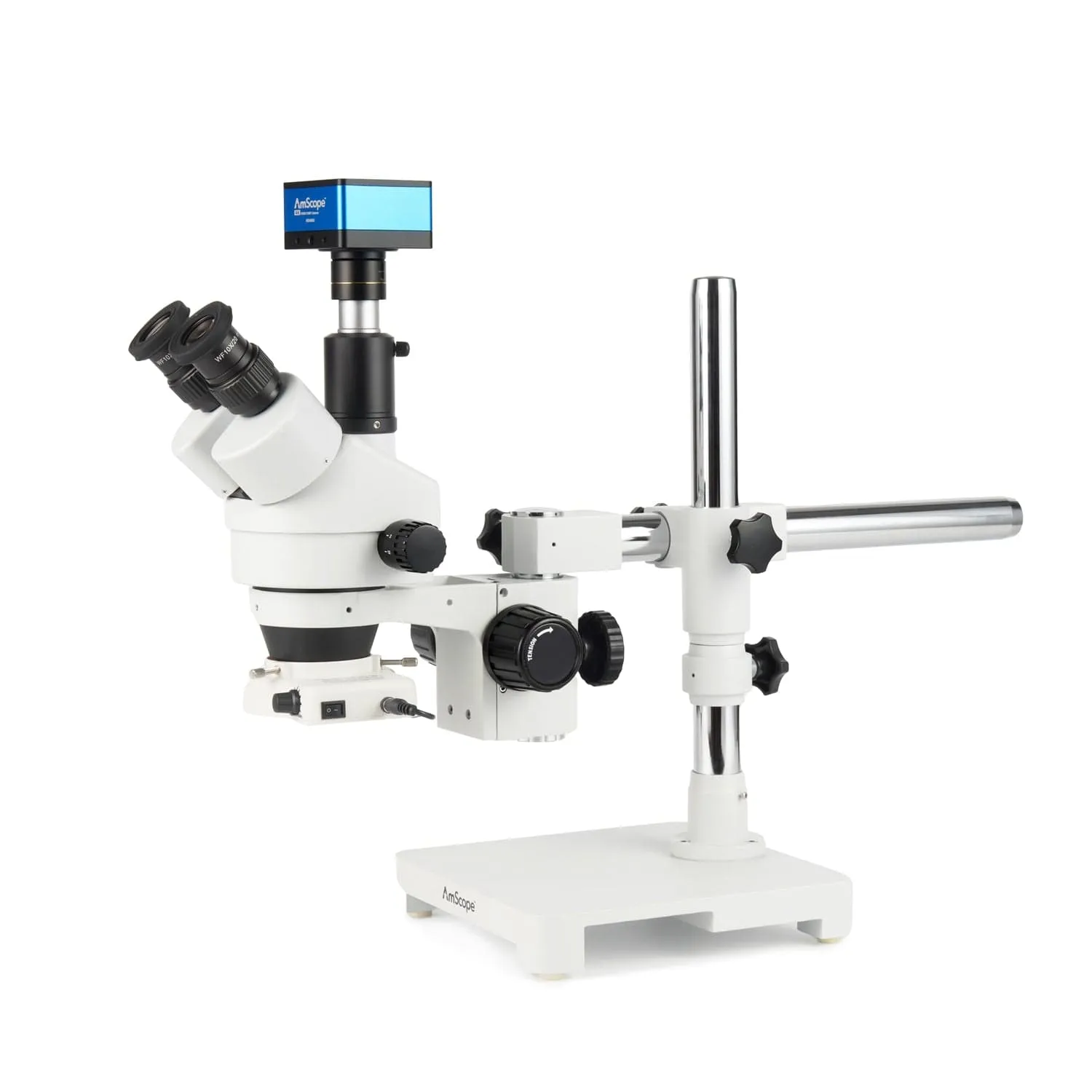 AmScope Zoom Trinocular Stereo Microscope 7X-45X Magnification Range, SM-3 Series on Single Arm Boom Stand   80-LED Ring Light   Optional 4K Camera