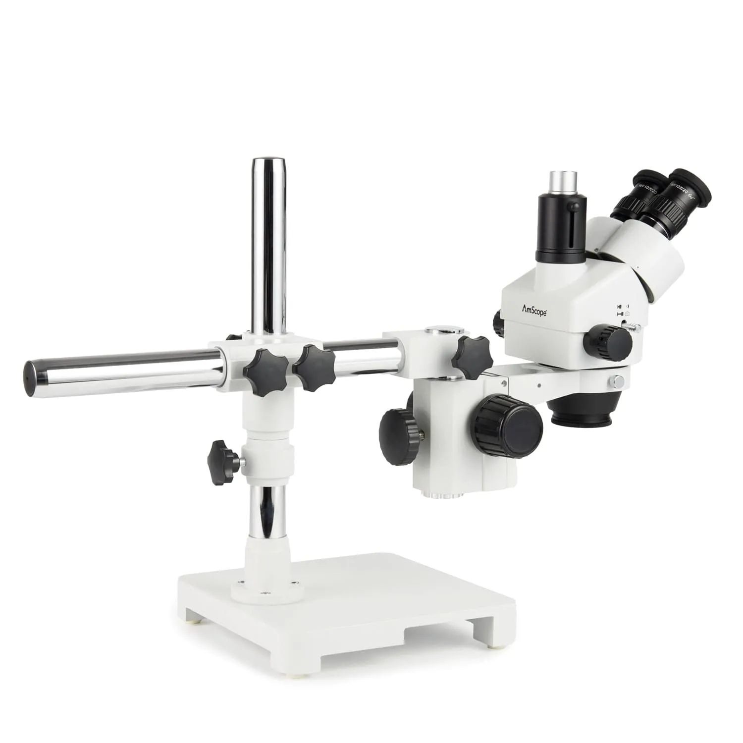 AmScope Zoom Trinocular Stereo Microscope 7X-45X Magnification Range, SM-3 Series on Single Arm Boom Stand   80-LED Ring Light   Optional 4K Camera