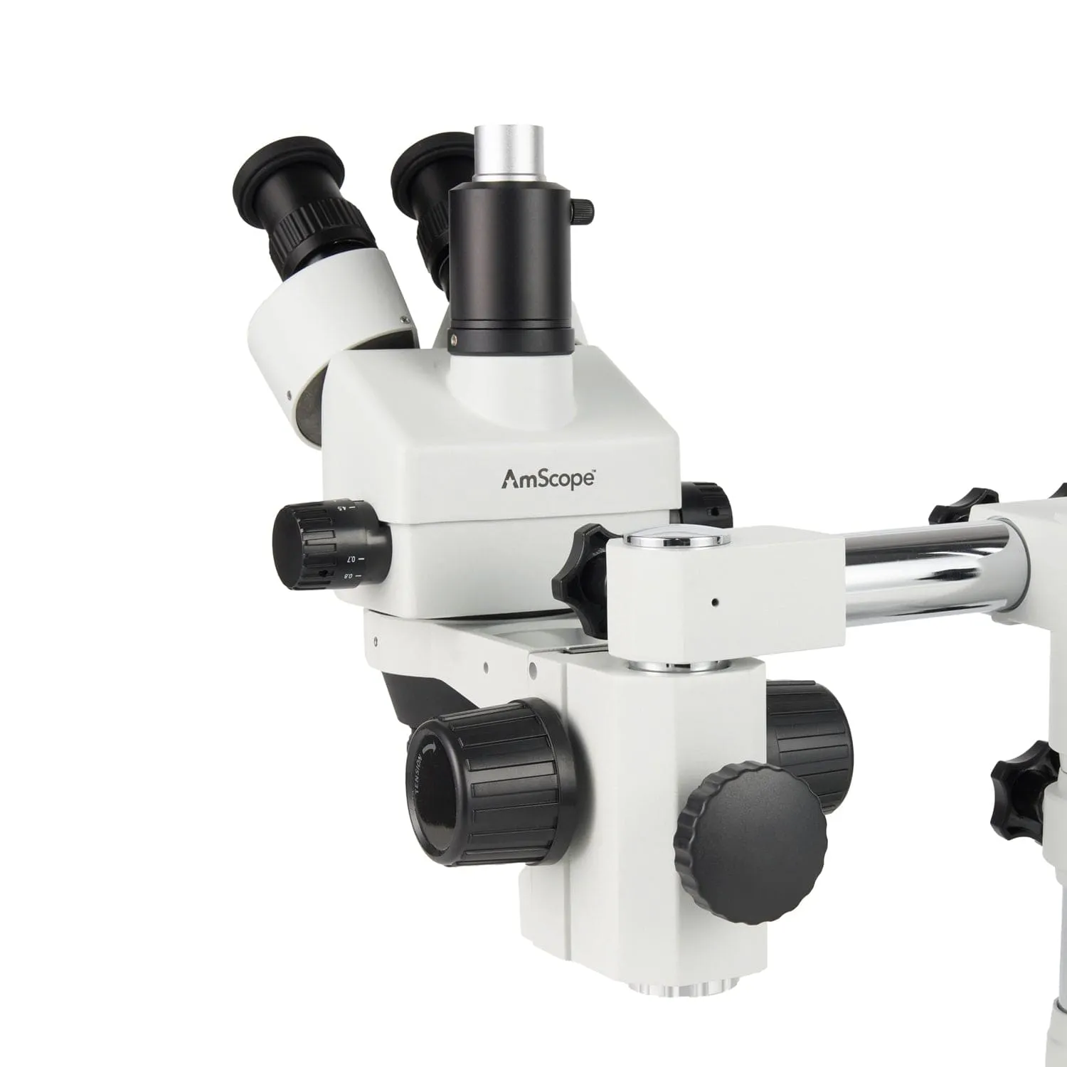AmScope Zoom Trinocular Stereo Microscope 7X-45X Magnification Range, SM-3 Series on Single Arm Boom Stand   80-LED Ring Light   Optional 4K Camera