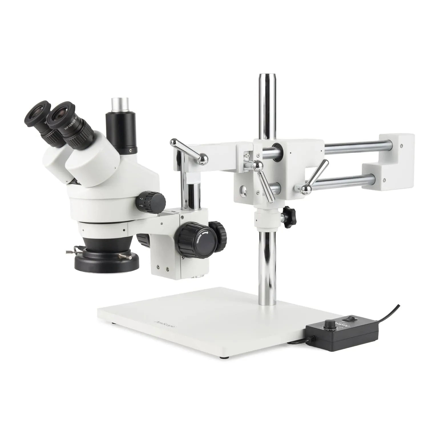 AmScope Zoom Trinocular Stereo Microscope 7X-45X Magnification Range, SM-4 Series on Double Arm Boom Stand   144-LED Ring Light   Optional 4K Camera