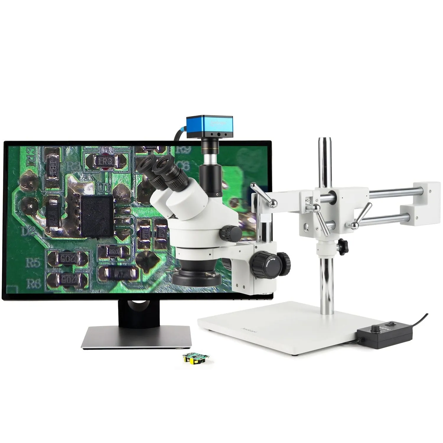 AmScope Zoom Trinocular Stereo Microscope 7X-45X Magnification Range, SM-4 Series on Double Arm Boom Stand   144-LED Ring Light   Optional 4K Camera