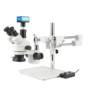 AmScope Zoom Trinocular Stereo Microscope 7X-45X Magnification Range, SM-4 Series on Double Arm Boom Stand   144-LED Ring Light   Optional 4K Camera