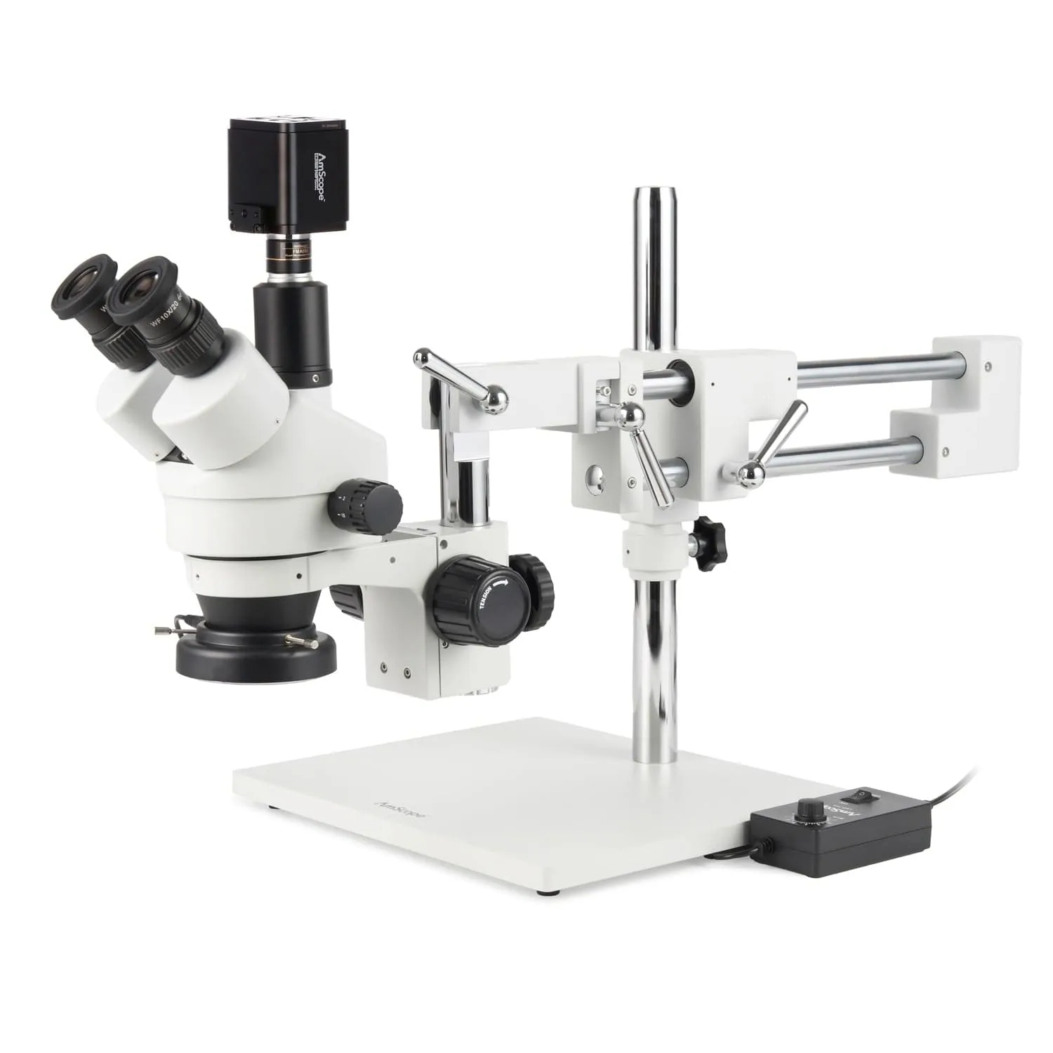 AmScope Zoom Trinocular Stereo Microscope 7X-45X Magnification Range, SM-4 Series on Double Arm Boom Stand   144-LED Ring Light   Optional 4K Camera