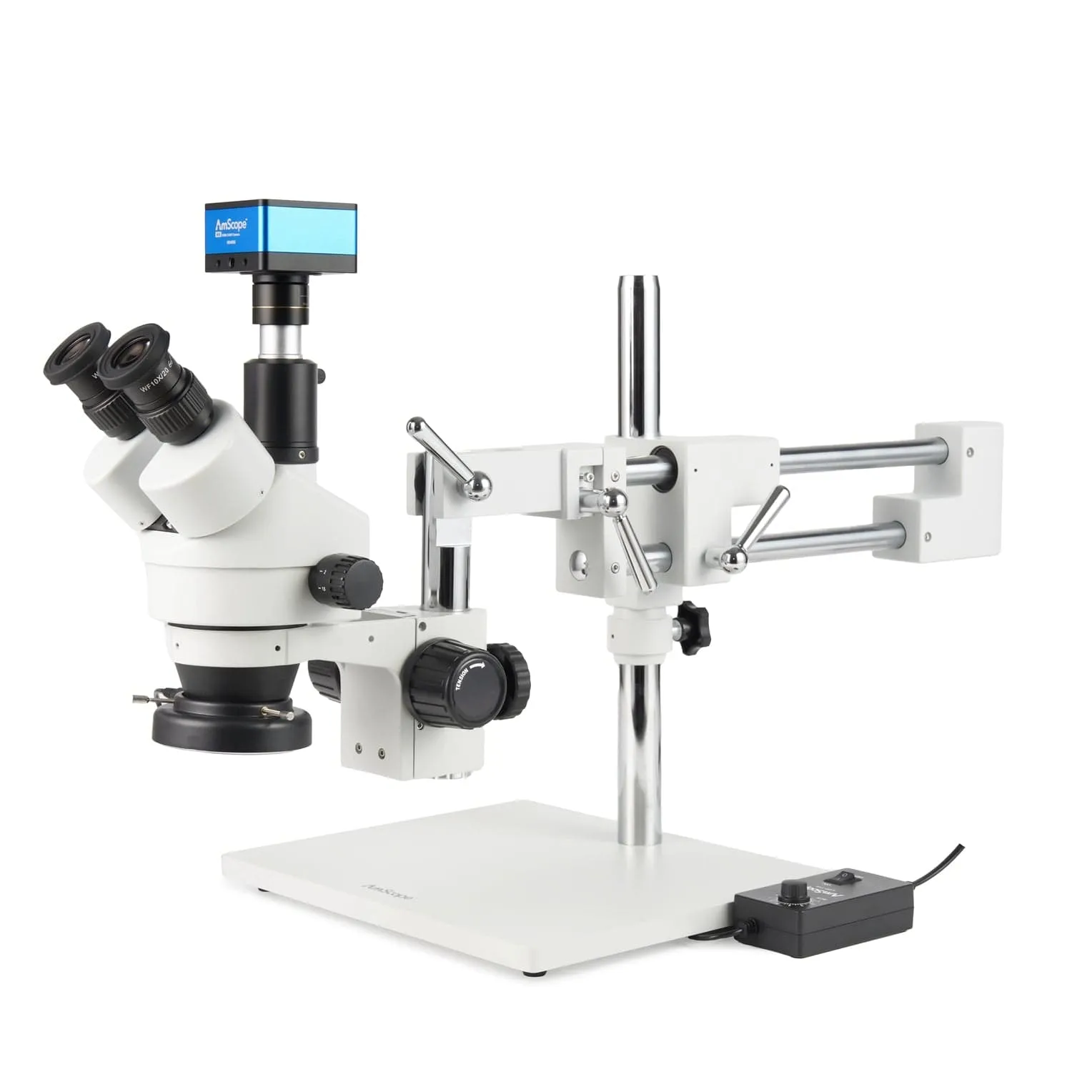 AmScope Zoom Trinocular Stereo Microscope 7X-45X Magnification Range, SM-4 Series on Double Arm Boom Stand   144-LED Ring Light   Optional 4K Camera