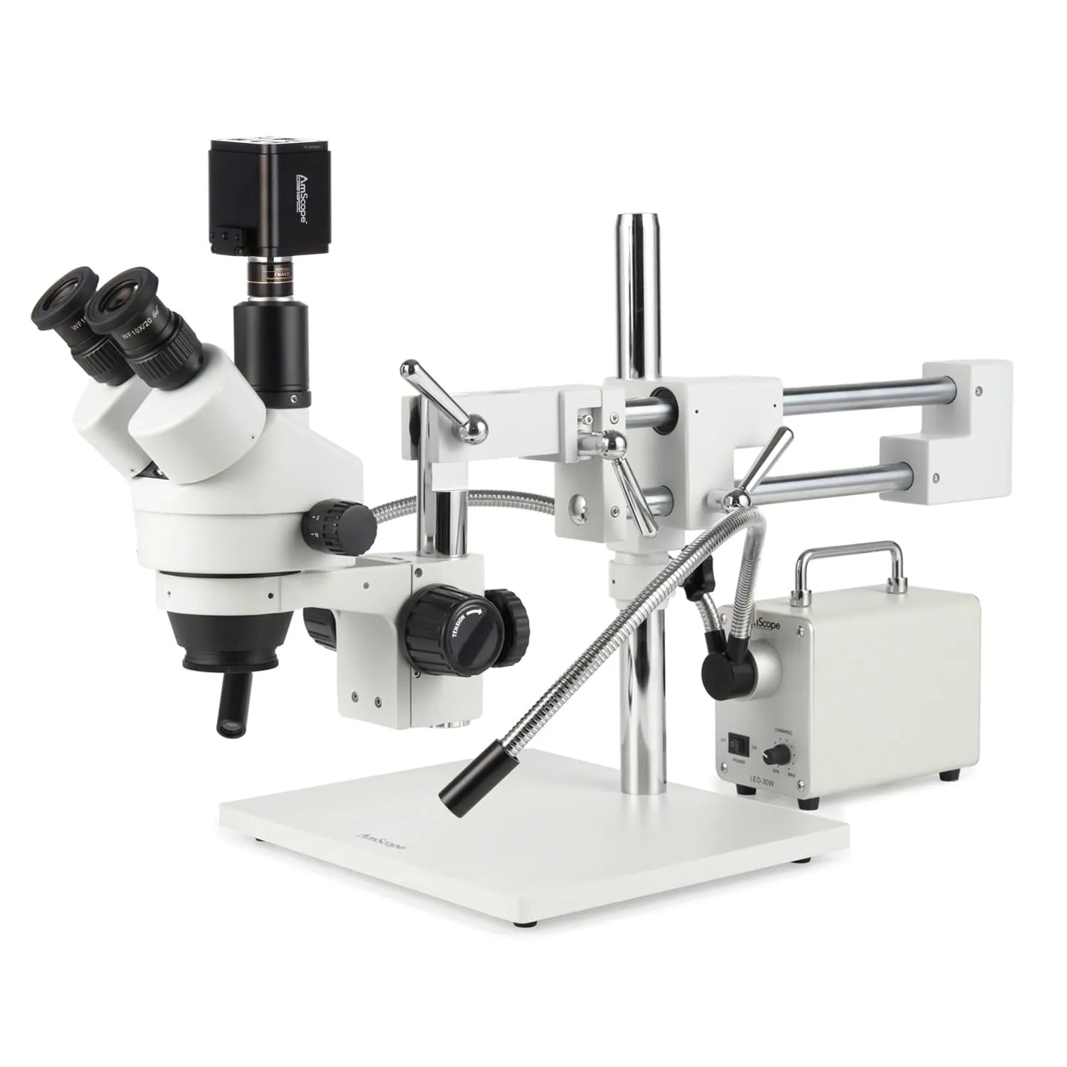 AmScope Zoom Trinocular Stereo Microscope 7X-45X Magnification Range, SM-4 Series on Double Arm Boom Stand   30W Fiber Optic Gooseneck Illuminator   Optional 4K Camera