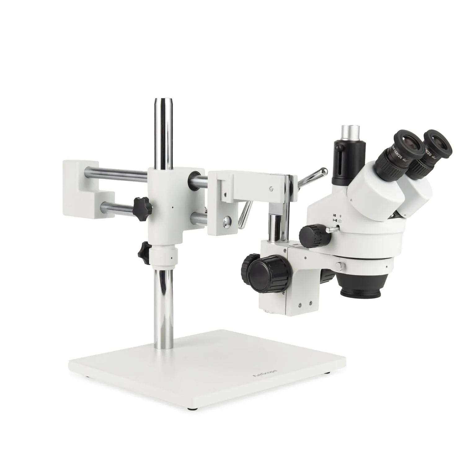 AmScope Zoom Trinocular Stereo Microscope 7X-45X Magnification Range, SM-4 Series on Double Arm Boom Stand   30W Fiber Optic Gooseneck Illuminator   Optional 4K Camera