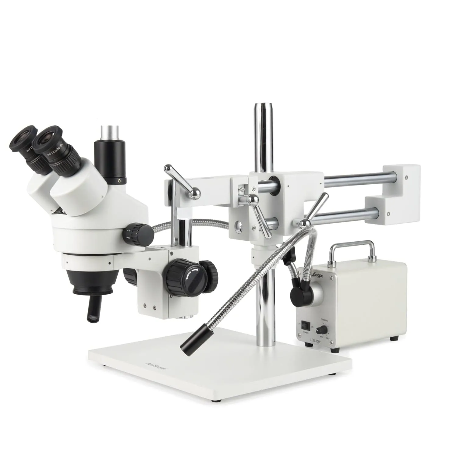 AmScope Zoom Trinocular Stereo Microscope 7X-45X Magnification Range, SM-4 Series on Double Arm Boom Stand   30W Fiber Optic Gooseneck Illuminator   Optional 4K Camera