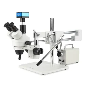 AmScope Zoom Trinocular Stereo Microscope 7X-45X Magnification Range, SM-4 Series on Double Arm Boom Stand   30W Fiber Optic Gooseneck Illuminator   Optional 4K Camera