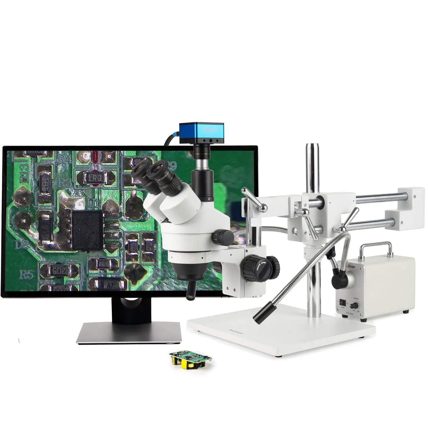 AmScope Zoom Trinocular Stereo Microscope 7X-45X Magnification Range, SM-4 Series on Double Arm Boom Stand   30W Fiber Optic Gooseneck Illuminator   Optional 4K Camera