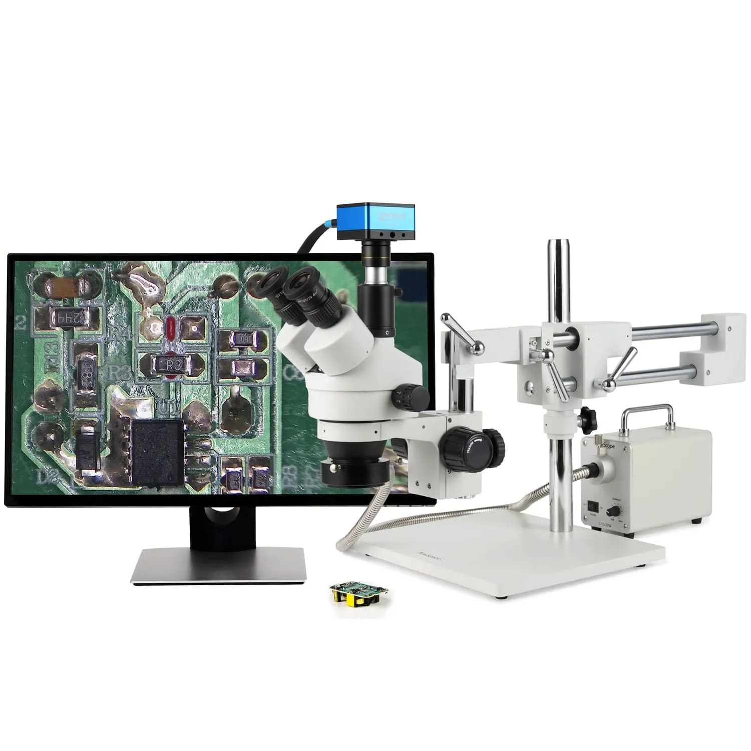 AmScope Zoom Trinocular Stereo Microscope 7X-45X Magnification Range, SM-4 Series on Double Arm Boom Stand   30W Fiber Optic Ring Light   Optional 4K Camera