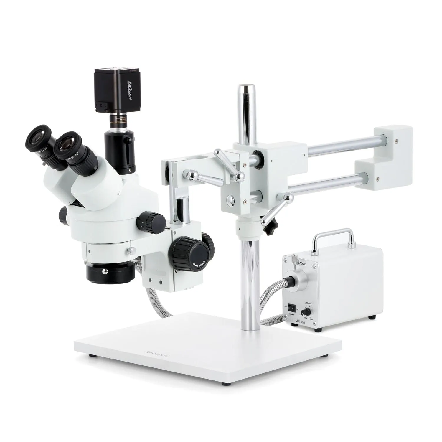 AmScope Zoom Trinocular Stereo Microscope 7X-45X Magnification Range, SM-4 Series on Double Arm Boom Stand   30W Fiber Optic Ring Light   Optional 4K Camera