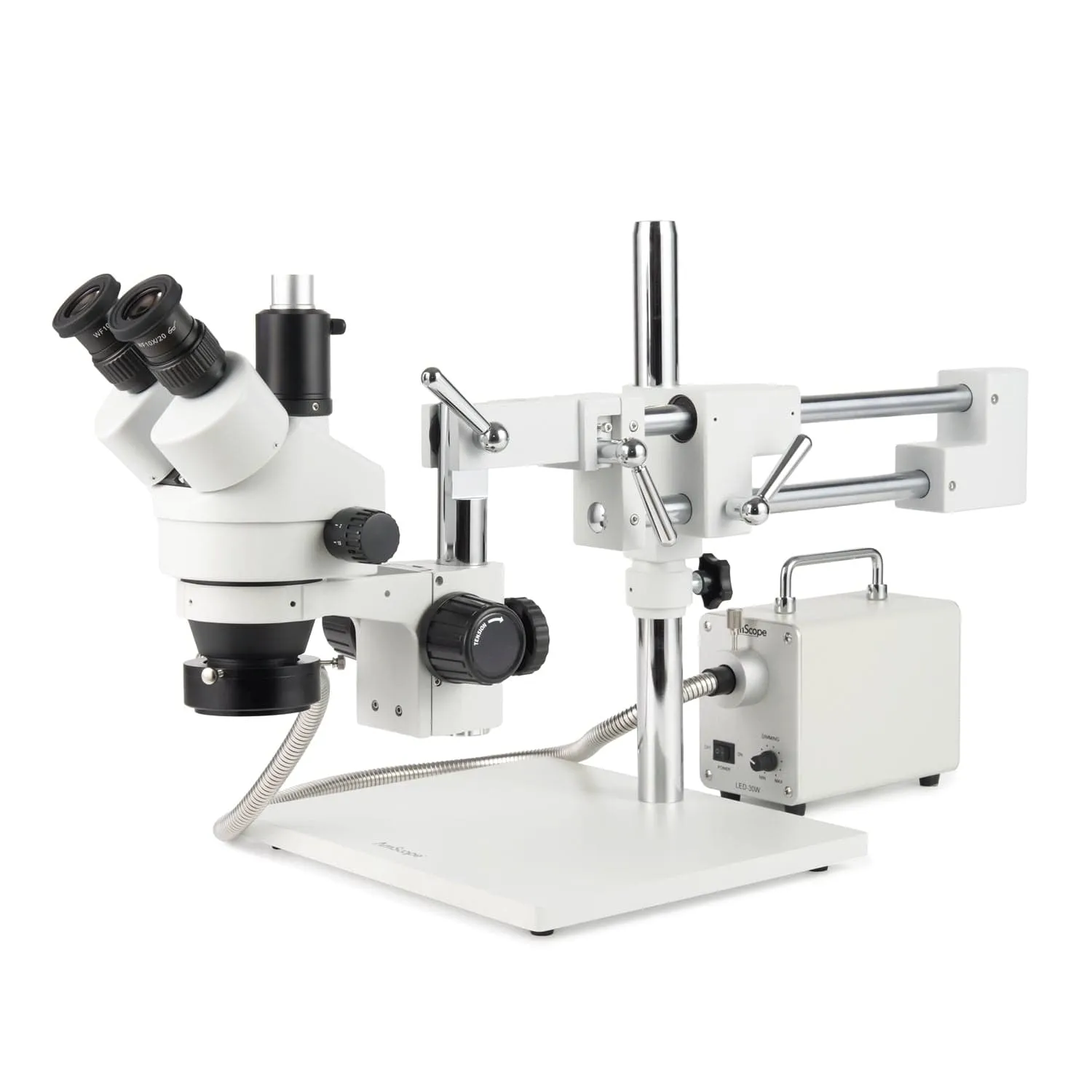 AmScope Zoom Trinocular Stereo Microscope 7X-45X Magnification Range, SM-4 Series on Double Arm Boom Stand   30W Fiber Optic Ring Light   Optional 4K Camera