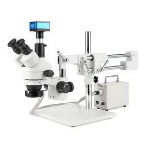 AmScope Zoom Trinocular Stereo Microscope 7X-45X Magnification Range, SM-4 Series on Double Arm Boom Stand   30W Fiber Optic Ring Light   Optional 4K Camera