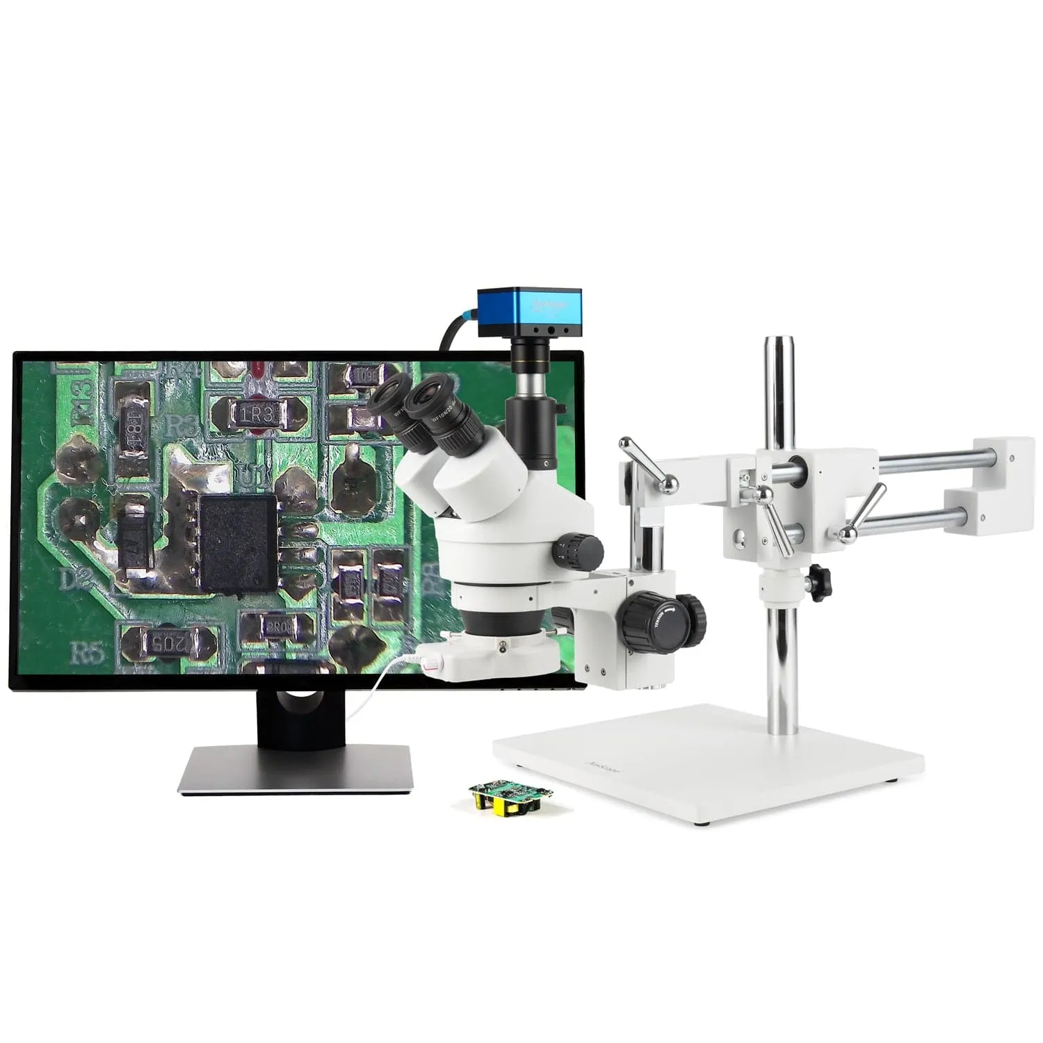 AmScope Zoom Trinocular Stereo Microscope 7X-45X Magnification Range, SM-4 Series on Double Arm Boom Stand   70-LED Ring Light   Optional 4K Camera