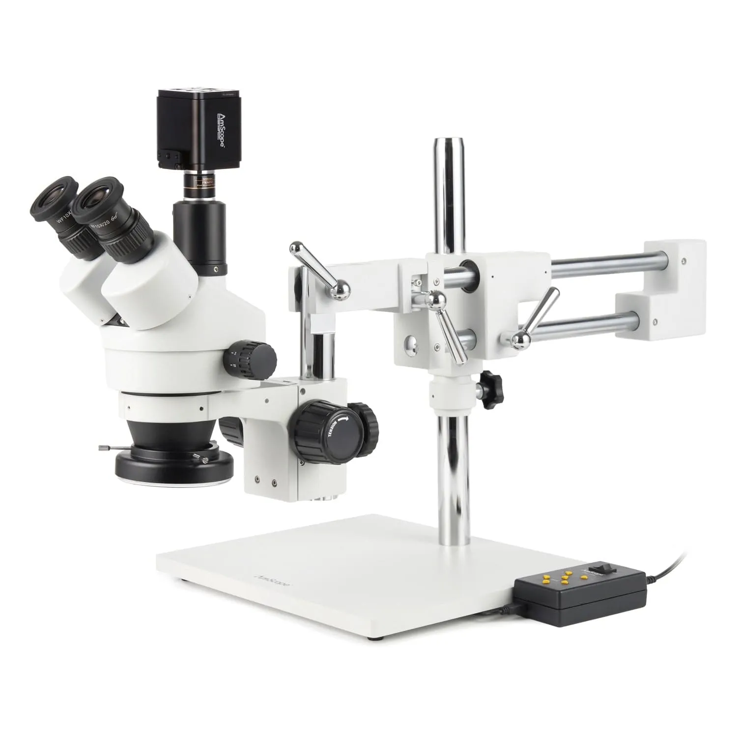 AmScope Zoom Trinocular Stereo Microscope 7X-45X Magnification Range, SM-4 Series on Double Arm Boom Stand   70-LED Ring Light   Optional 4K Camera