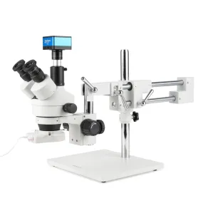 AmScope Zoom Trinocular Stereo Microscope 7X-45X Magnification Range, SM-4 Series on Double Arm Boom Stand   70-LED Ring Light   Optional 4K Camera